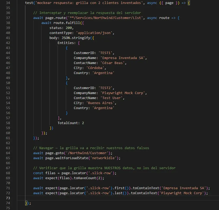 VS Code mostrando test mockear respuesta con route.fulfill status 200 dos clientes Empresa Inventada SA Córdoba y Playwright Mock Corp Buenos Aires, assertions toHaveCount 2 y toContainText