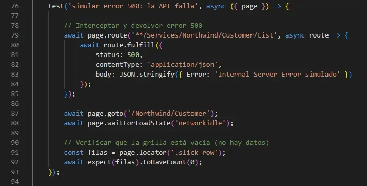 VS Code mostrando test simular error 500 con route.fulfill status 500 body Internal Server Error simulado, assertion toHaveCount 0