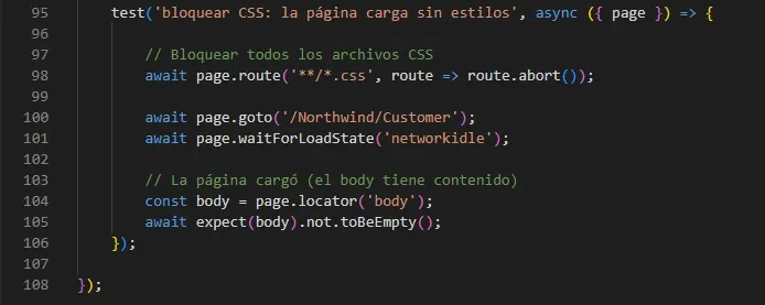 VS Code mostrando test bloquear CSS con page.route CSS route.abort, assertion body not toBeEmpty