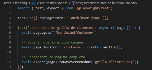 VS Code mostrando visual-testing.spec.ts con test screenshot de grilla de clientes, storageState, waitFor slick-row, toHaveScreenshot grilla-clientes.png