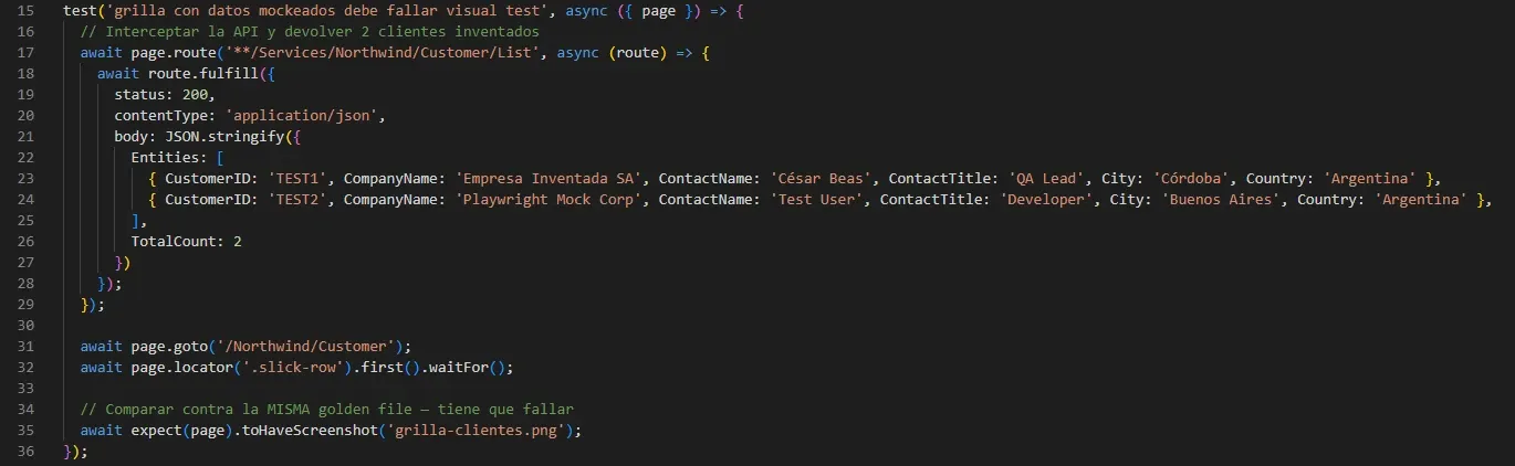 VS Code test grilla con datos mockeados route.fulfill dos clientes Empresa Inventada SA y Playwright Mock Corp, toHaveScreenshot grilla-clientes.png