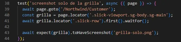 VS Code test screenshot solo de la grilla locator slick-viewport.sg-body.sg-main waitFor slick-row toHaveScreenshot grilla-solo.png