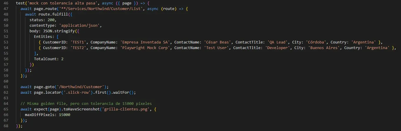 VS Code test mock con tolerancia alta route.fulfill dos clientes toHaveScreenshot grilla-clientes.png maxDiffPixels 15000