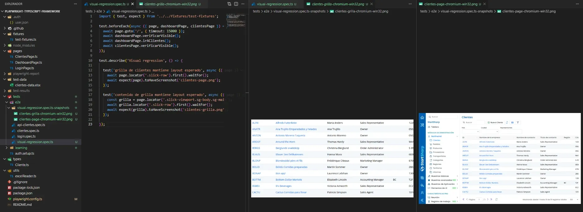 VS Code visual-regression.spec.ts con dos golden files preview clientes-grilla solo tabla y clientes-page página completa lado a lado
