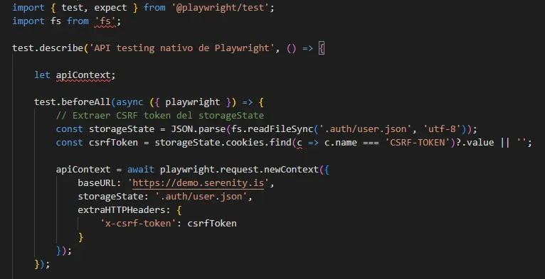 Código TypeScript mostrando readFileSync de auth user.json movido dentro de test.beforeAll en vez de nivel de módulo