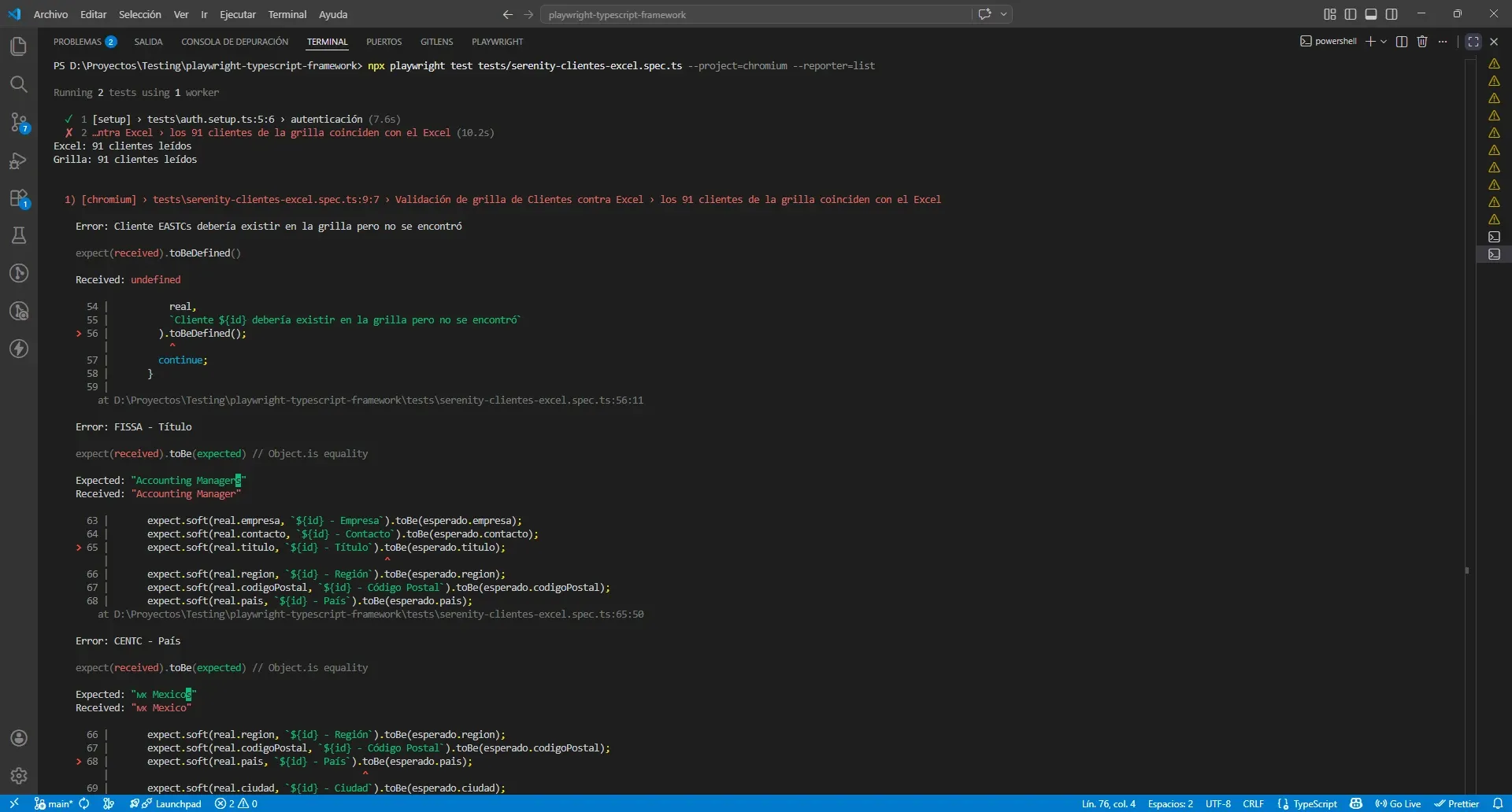 Reporte de Playwright mostrando los primeros errores del test Cliente EASTCs no encontrado FISSA Título Accounting Managers vs Manager y CENTC País Mexicos vs Mexico