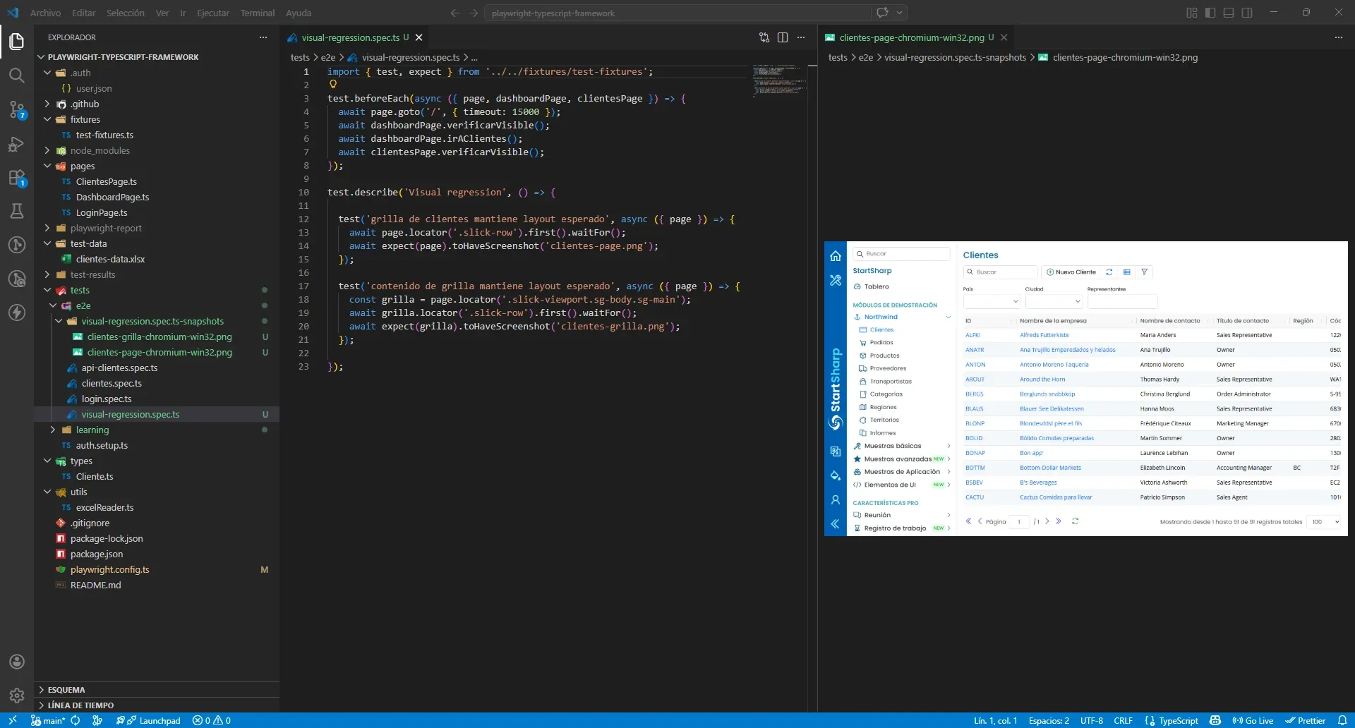 VS Code visual-regression.spec.ts e2e con beforeEach fixtures, golden file clientes-page-chromium-win32.png preview grilla Serenity 91 clientes