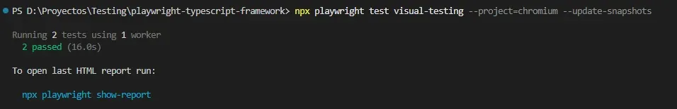 Terminal Playwright 2 passed 16 segundos con flag update-snapshots generando golden file de referencia