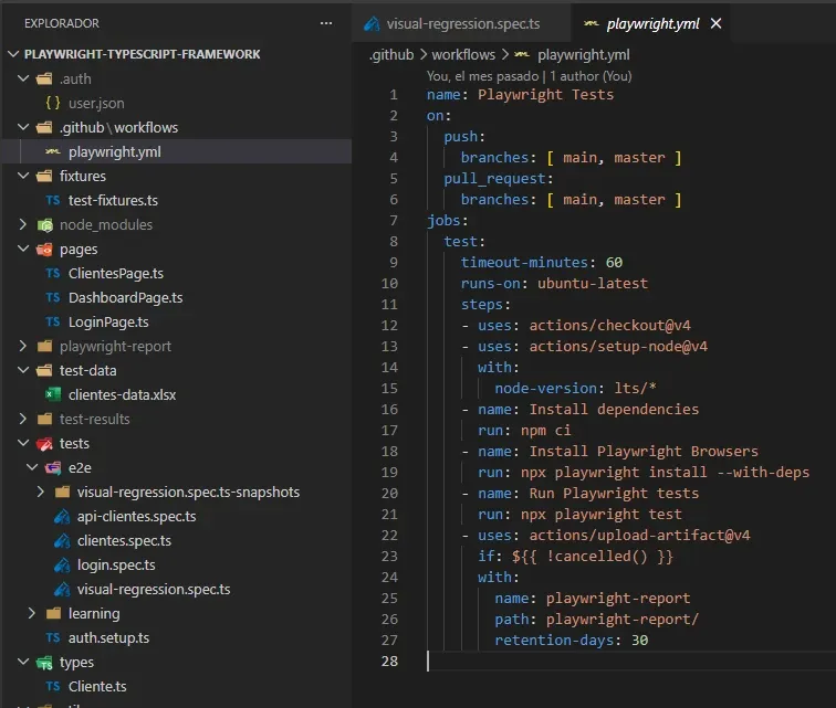 VS Code mostrando playwright.yml original de 27 líneas con estructura del workflow checkout setup-node npm ci install browsers run tests upload-artifact