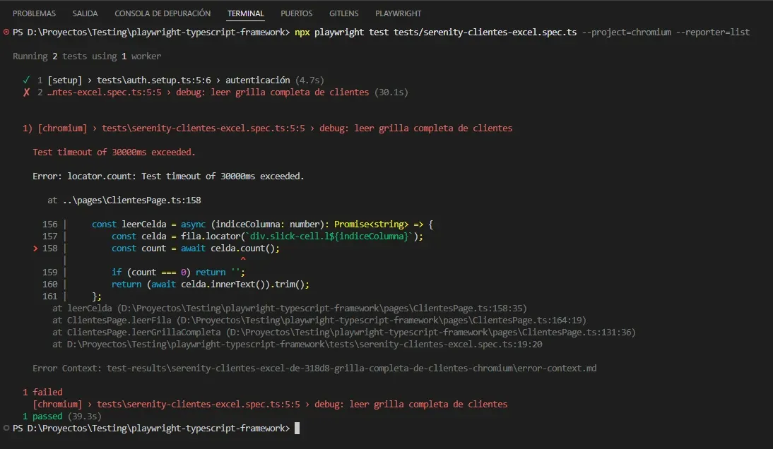 Error de Playwright Test timeout of 30000ms exceeded con stack trace apuntando a celda.count() en el método leerFila de ClientesPage línea 158