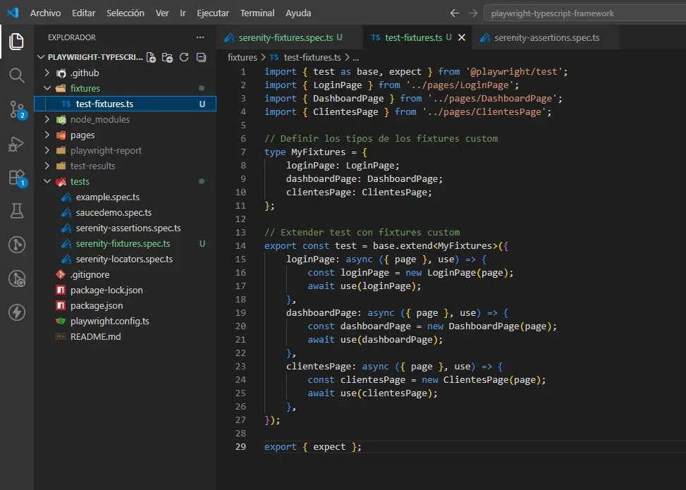 Explorador de VS Code mostrando carpeta fixtures con test-fixtures.ts al mismo nivel que pages y tests con código de base.extend y MyFixtures