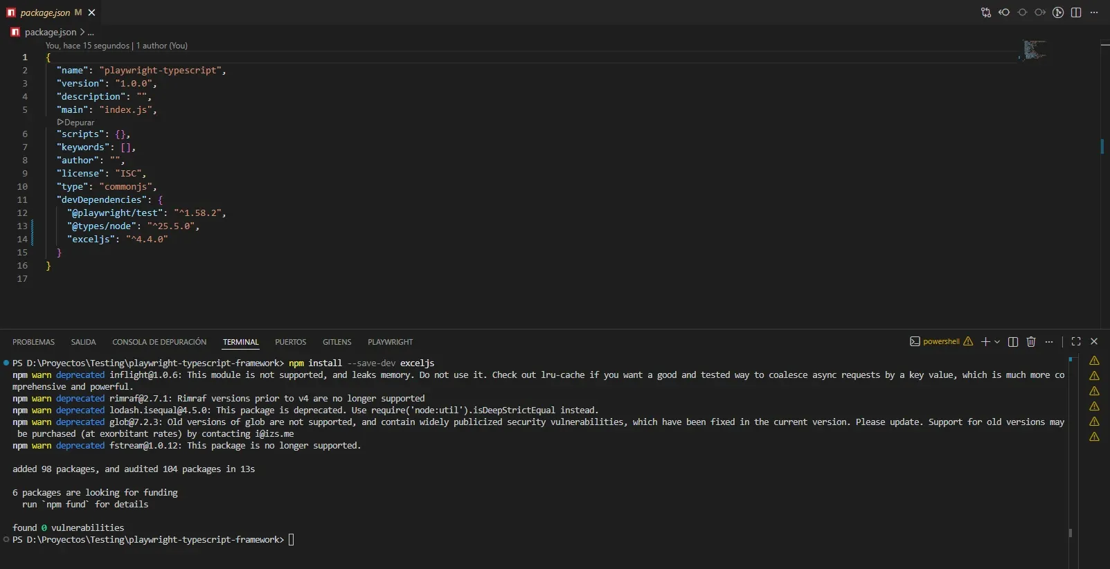 Terminal con npm install --save-dev exceljs mostrando added 98 packages y found 0 vulnerabilities junto al package.json con exceljs en devDependencies