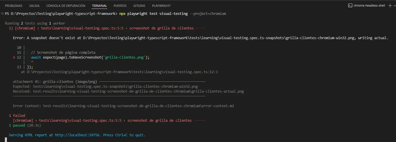 Terminal Playwright error A snapshot doesn't exist grilla-clientes-chromium-win32.png writing actual, 1 failed 1 passed 20.3s