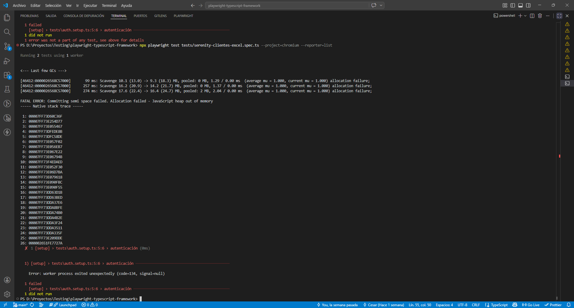 Error de Chromium con GPU process has crashed 6 times y FATAL ERROR JavaScript heap out of memory con stack trace nativo durante la corrida de tests