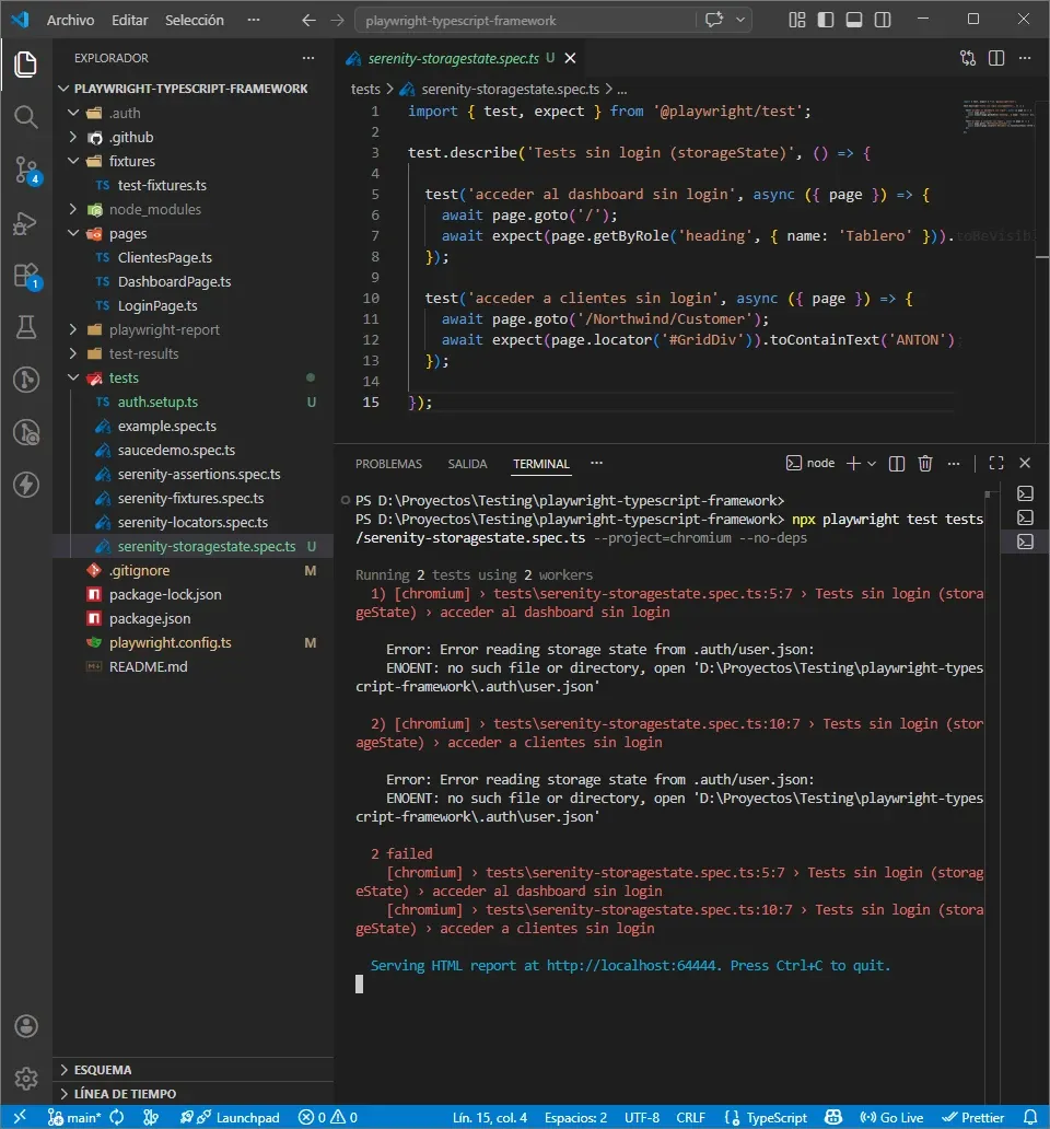 Terminal de VS Code mostrando 2 tests fallados con error ENOENT no such file or directory al buscar auth user.json ejecutados con no-deps