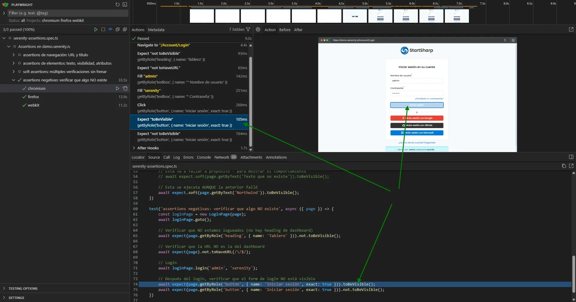 UI Mode mostrando toBeVisible en 105ms y not toBeVisible en 764ms sobre el mismo botón de Iniciar sesión con flechas señalando ambas líneas