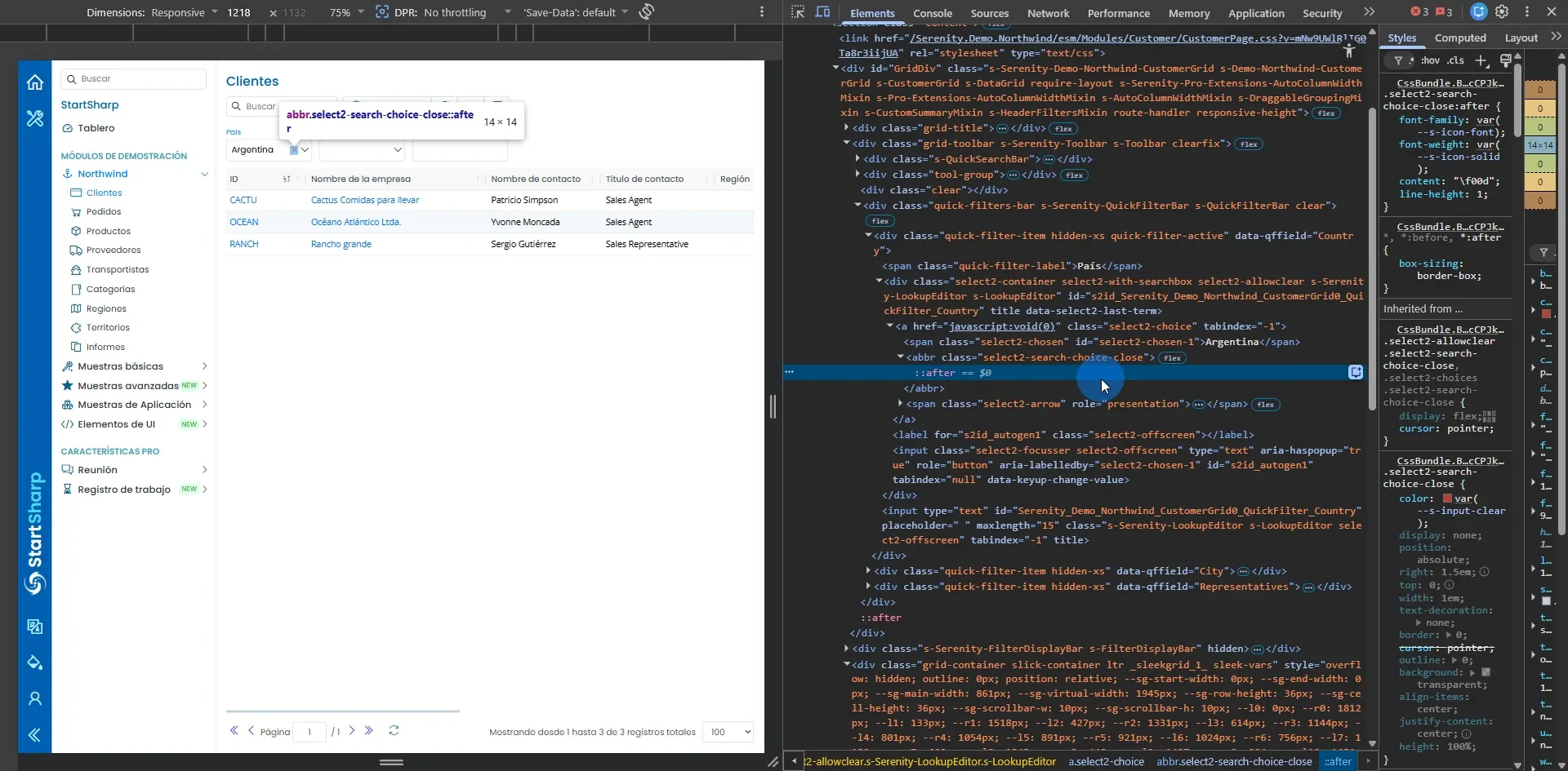 DevTools mostrando grilla filtrada con Argentina y 3 registros con el abbr select2-search-choice-close resaltado en el panel Elements