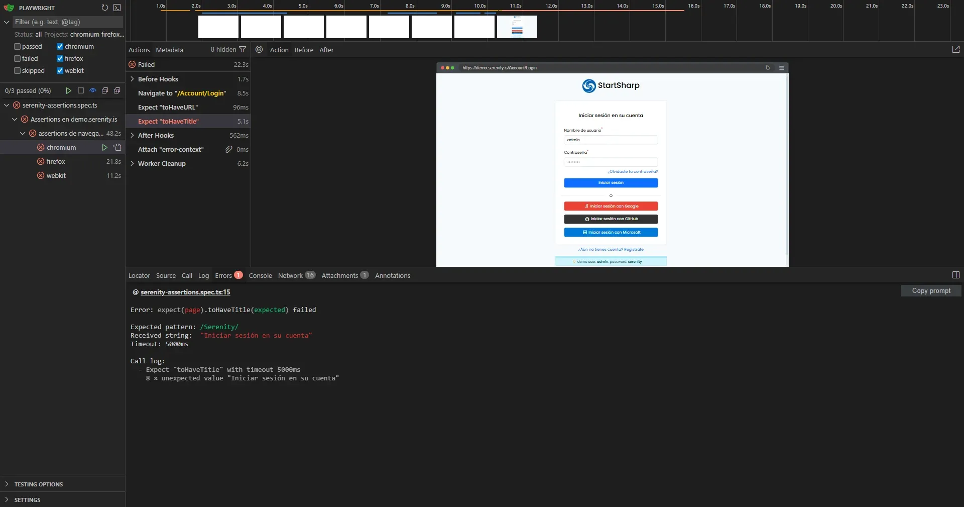UI Mode mostrando error de toHaveTitle con Expected pattern Serenity y Received string Iniciar sesión en su cuenta con 8 reintentos en 5 segundos
