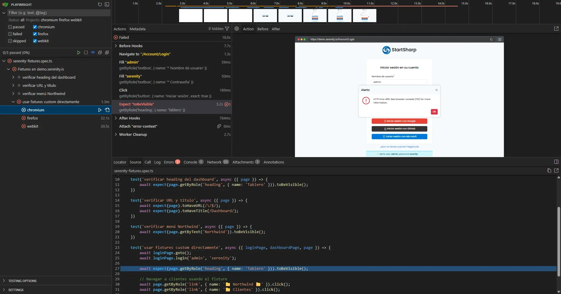 UI Mode mostrando Failed con alerta HTTP Error 400 en demo.serenity.is por doble login con beforeEach y login manual en el mismo describe