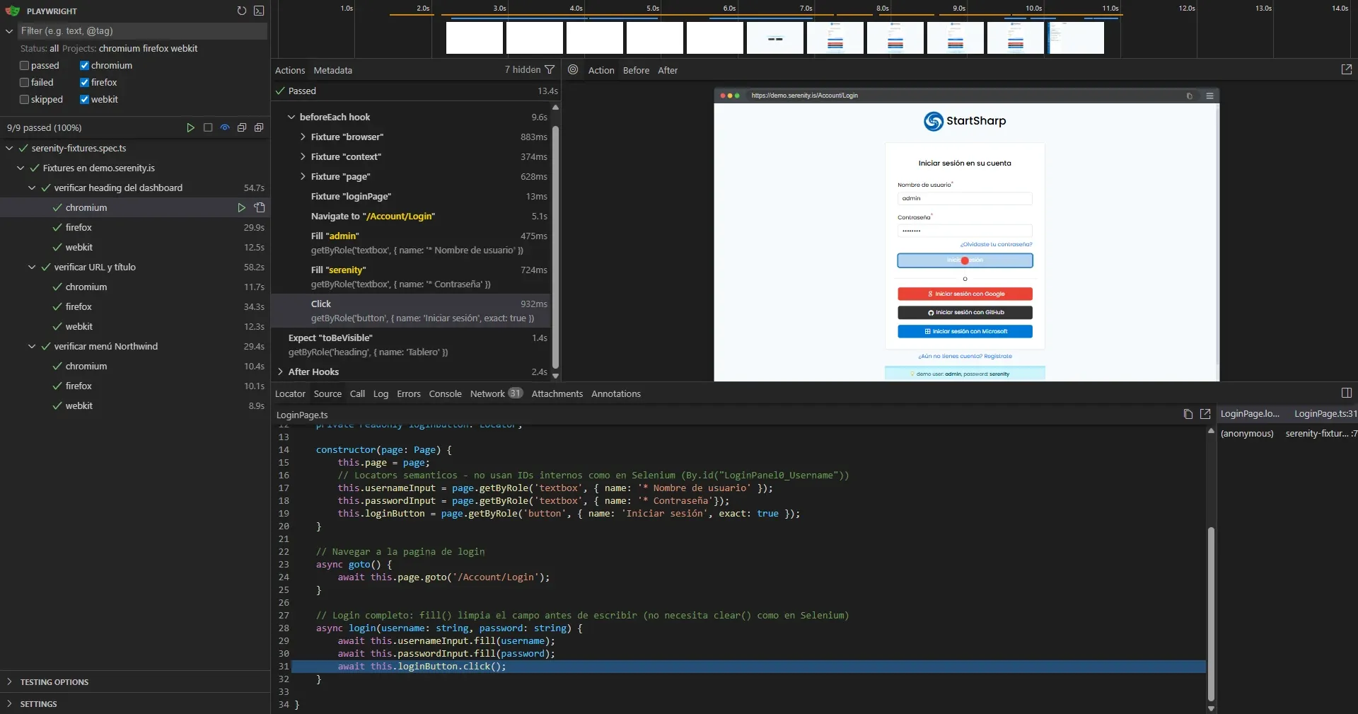 UI Mode con beforeEach hook expandido mostrando Fixture browser Fixture context Fixture page y Fixture loginPage con código de LoginPage.ts visible abajo