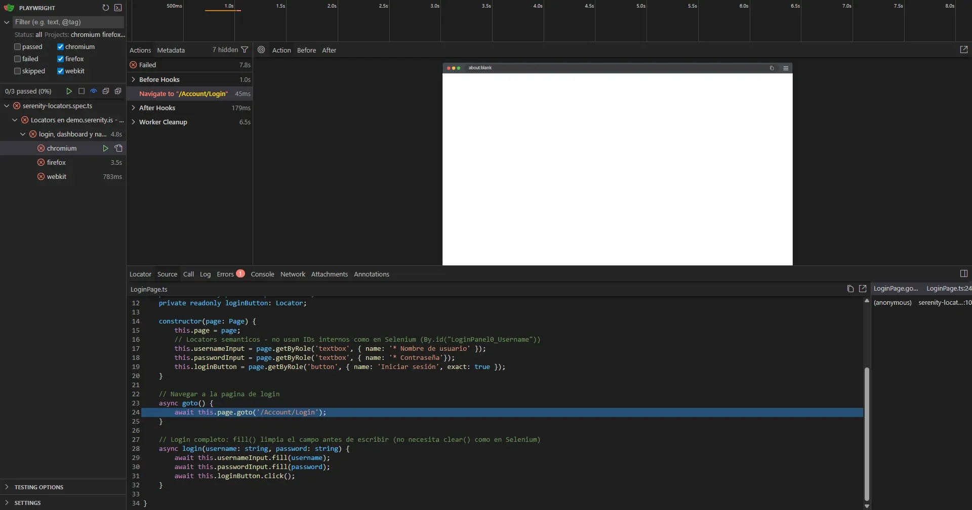 UI Mode de Playwright mostrando test fallido con about blank porque faltaba baseURL en playwright.config.ts