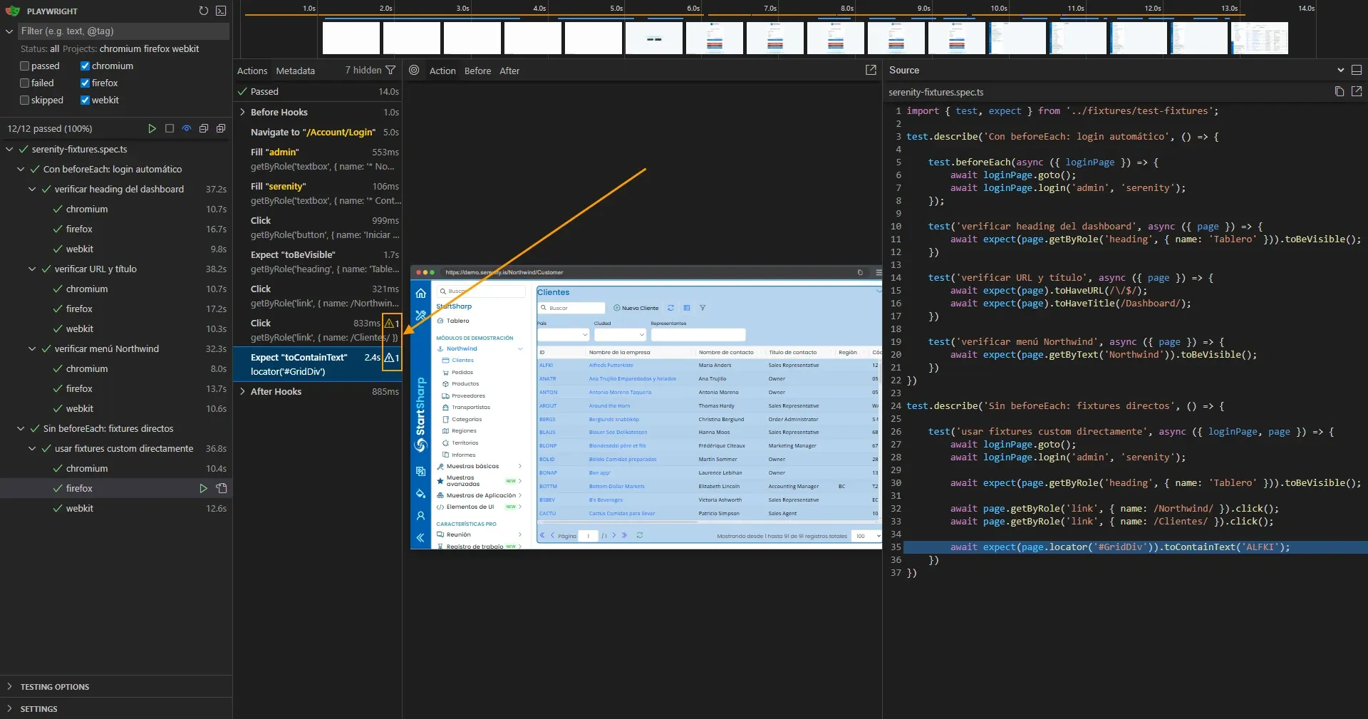 UI Mode mostrando 12 de 12 passed con timeout 15000 y retries 2 con flechas naranjas señalando warnings en Click y toContainText