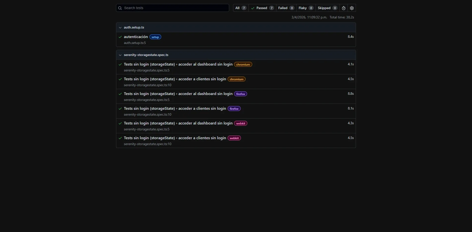 Reporte HTML mostrando 7 de 7 passed con auth setup 8.4 segundos y tests sin login storageState en Chromium Firefox y WebKit con tiempos entre 4 y 9 segundos