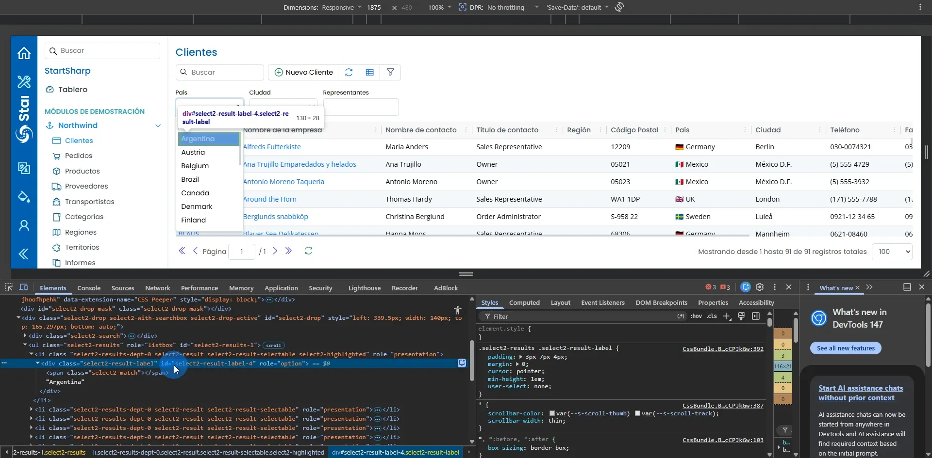 DevTools mostrando estructura HTML del dropdown País con Select2 abierto y Argentina resaltada como li con div select2-result-label role option