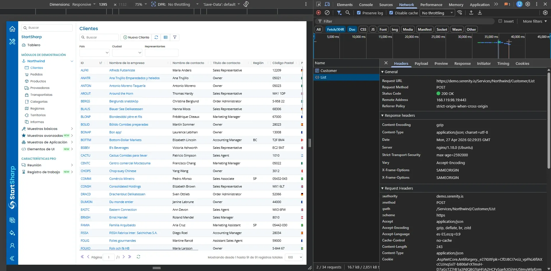 DevTools Network tab con request List seleccionada, Headers mostrando POST /Services/Northwind/Customer/List, Status 200 OK, Content-Type application/json