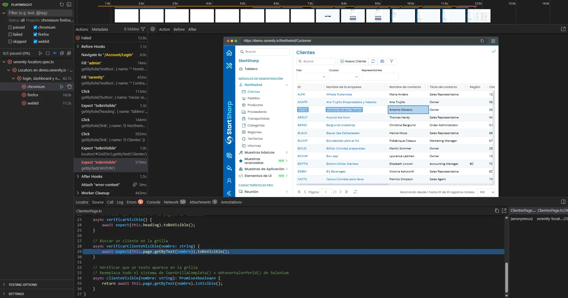 UI Mode de Playwright mostrando test fallido en getByText ANTON sin exact true con grilla de Clientes mostrando ANTON y Antonio Moreno