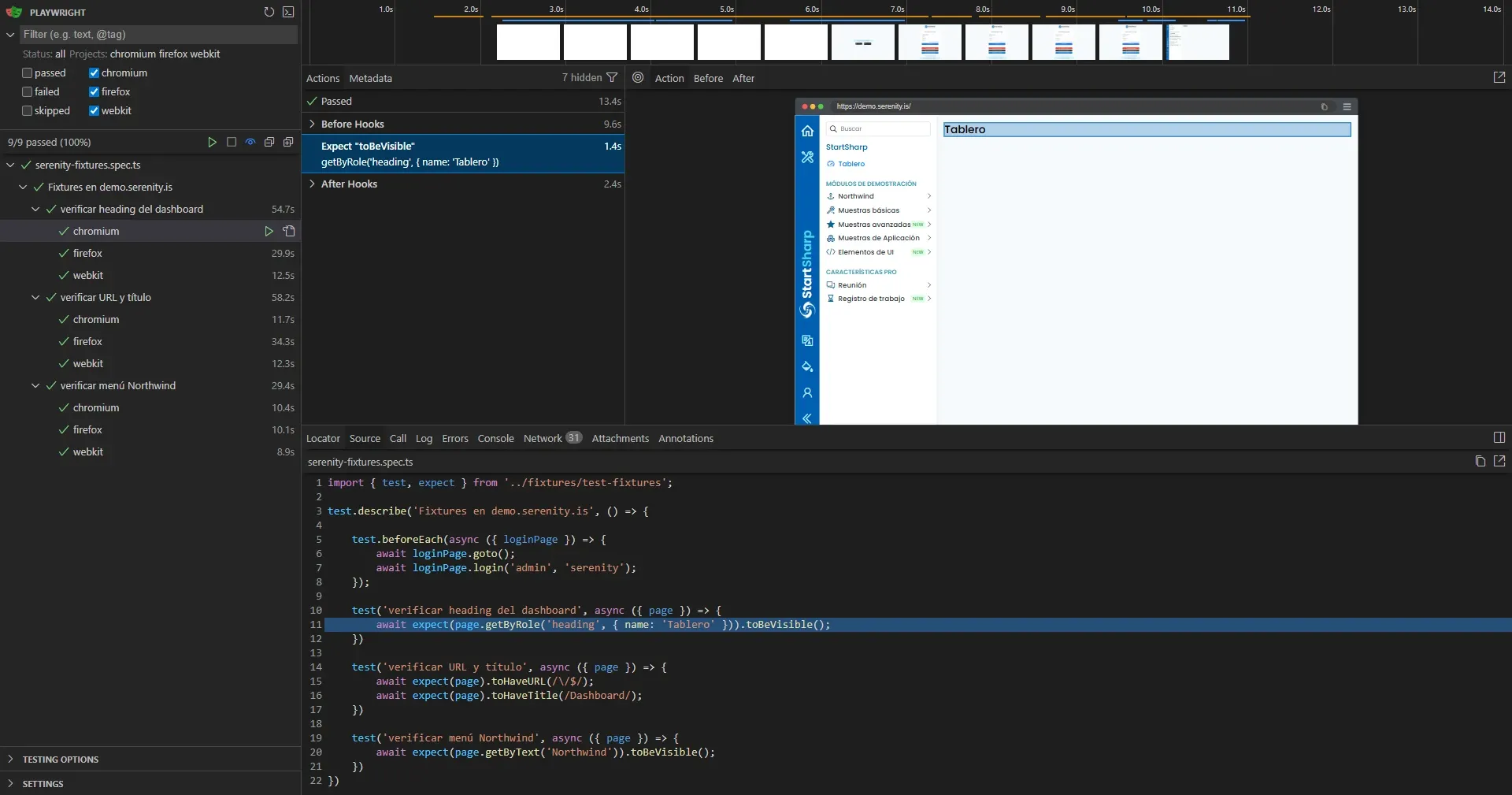 UI Mode mostrando 9 de 9 passed con Before Hooks colapsado y solo Expect toBeVisible como acción del test con código del import desde fixtures