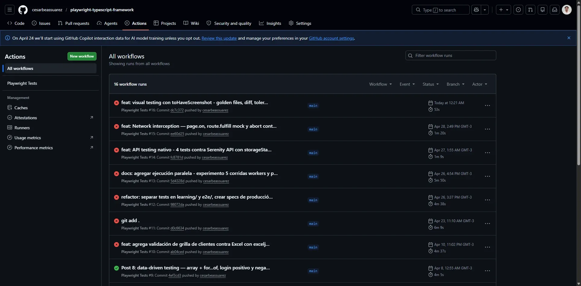 Pestaña Actions de GitHub mostrando 16 workflow runs de Playwright Tests casi todos con status rojo, último verde en run 9