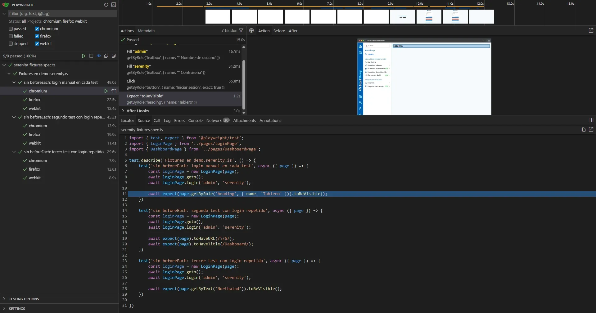 UI Mode mostrando 9 de 9 tests passed con 3 tests que repiten login manual en cada uno y código con new LoginPage en líneas 7 15 y 24