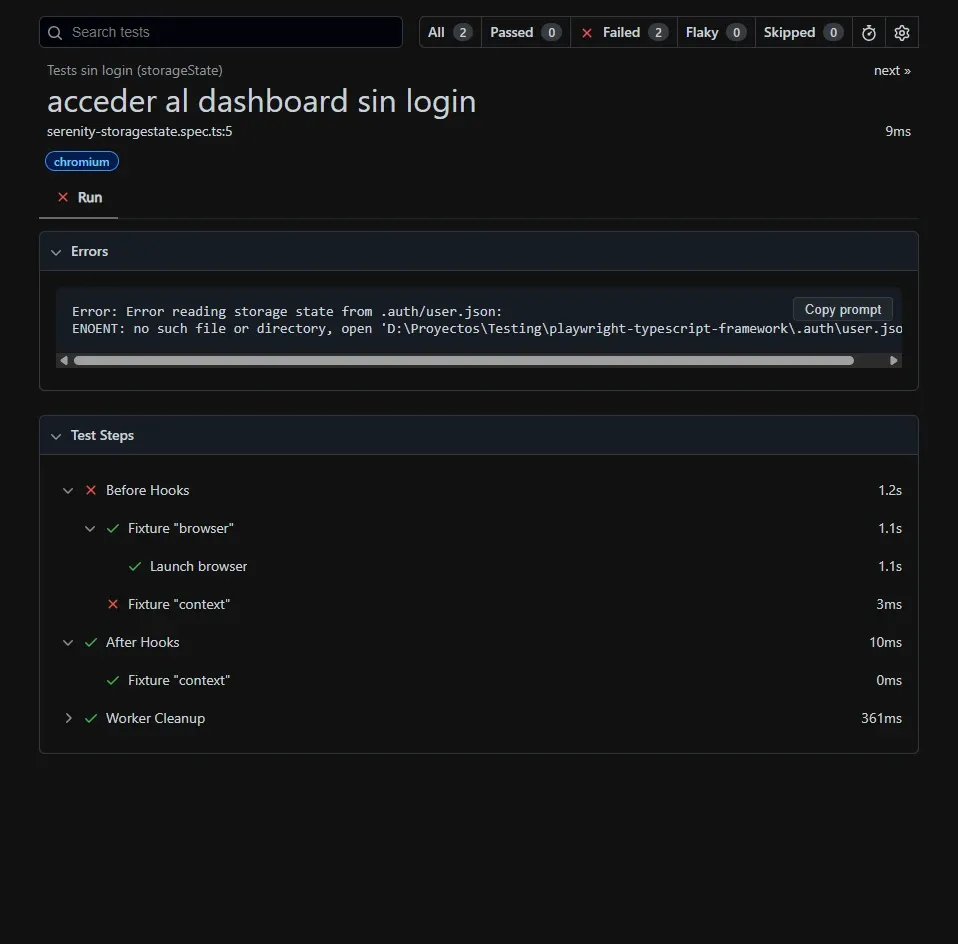 Detalle del test acceder al dashboard sin login mostrando error ENOENT en Fixture context fallando en 3ms con browser lanzado pero context sin crear