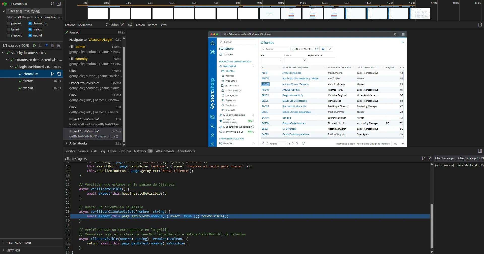 UI Mode de Playwright mostrando 3 de 3 tests passed con exact true en getByText y grilla de Clientes visible