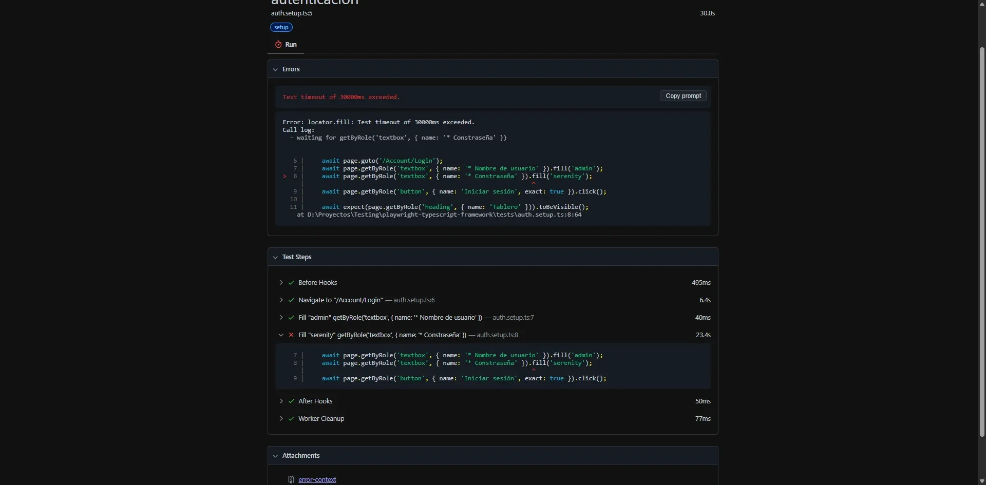 Reporte HTML mostrando error de timeout 30 segundos con Fill serenity fallando en 23.4 segundos buscando textbox Constraseña con s de más