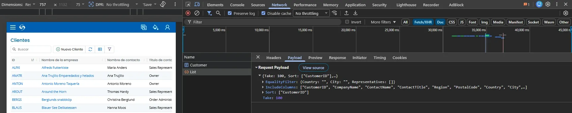 DevTools Payload mostrando Request Payload con Take 100, Sort CustomerID, EqualityFilter con Country City y Representatives, IncludeColumns
