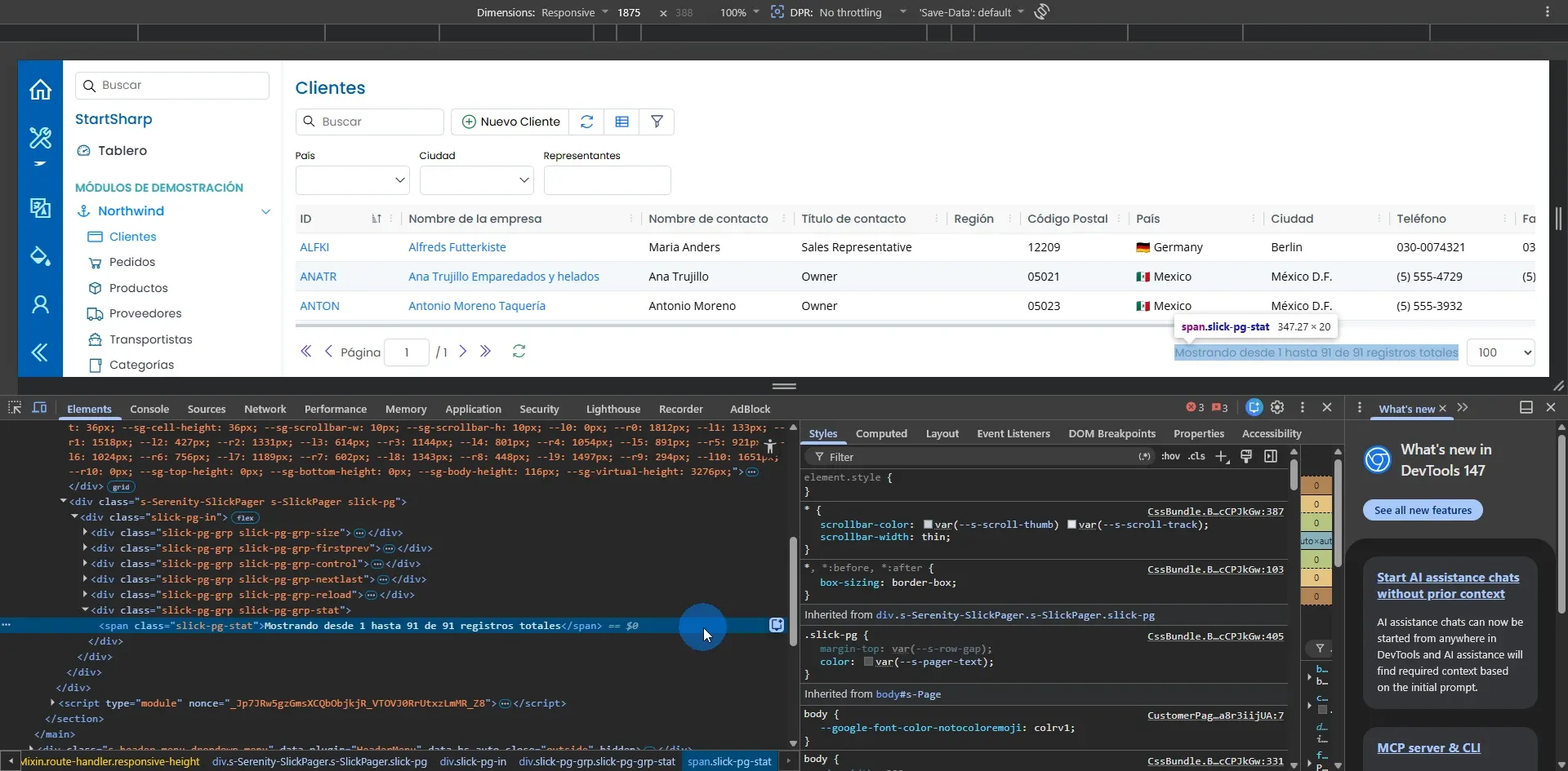 DevTools mostrando span slick-pg-stat con texto Mostrando desde 1 hasta 91 de 91 registros totales resaltado en la página de Clientes
