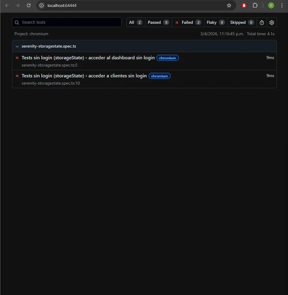 Reporte HTML en browser mostrando 2 failed 0 passed con ambos tests de storageState fallando en 9ms en proyecto chromium