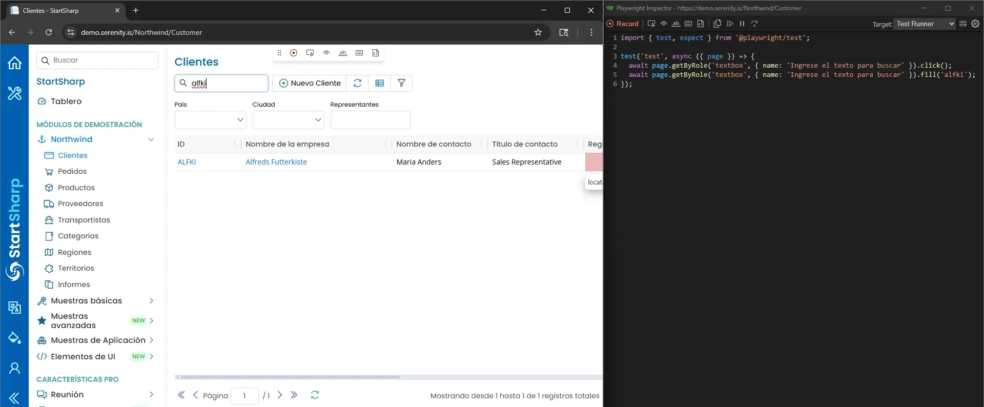 Playwright codegen mostrando código generado para buscar alfki con getByRole textbox click y fill y la grilla filtrada mostrando solo ALFKI