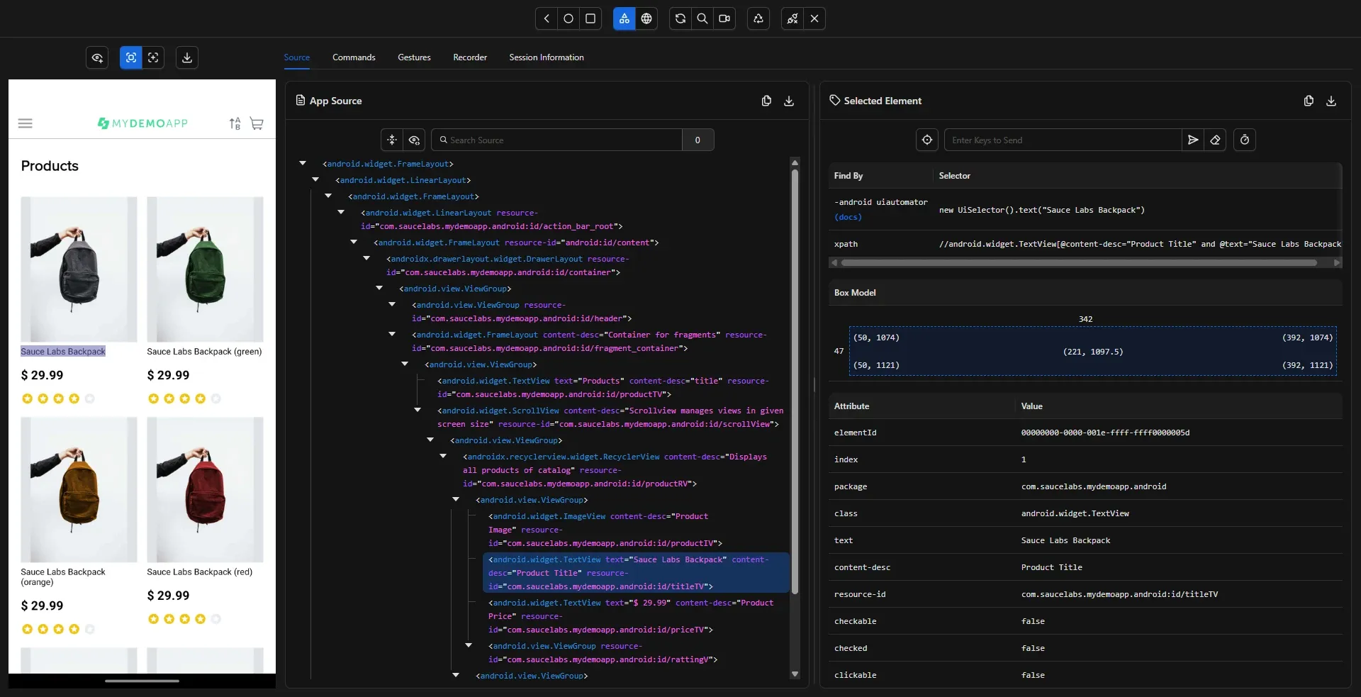 Appium Inspector con Sauce Labs Backpack seleccionado mostrando content-desc Product Title y resource-id titleTV