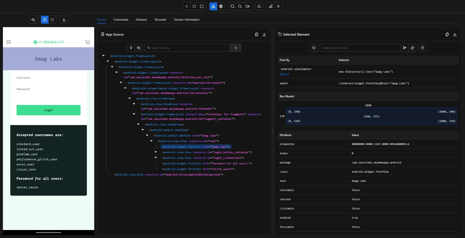 Login de Swag Labs renderizado dentro del WebView de My Demo App con header nativo visible