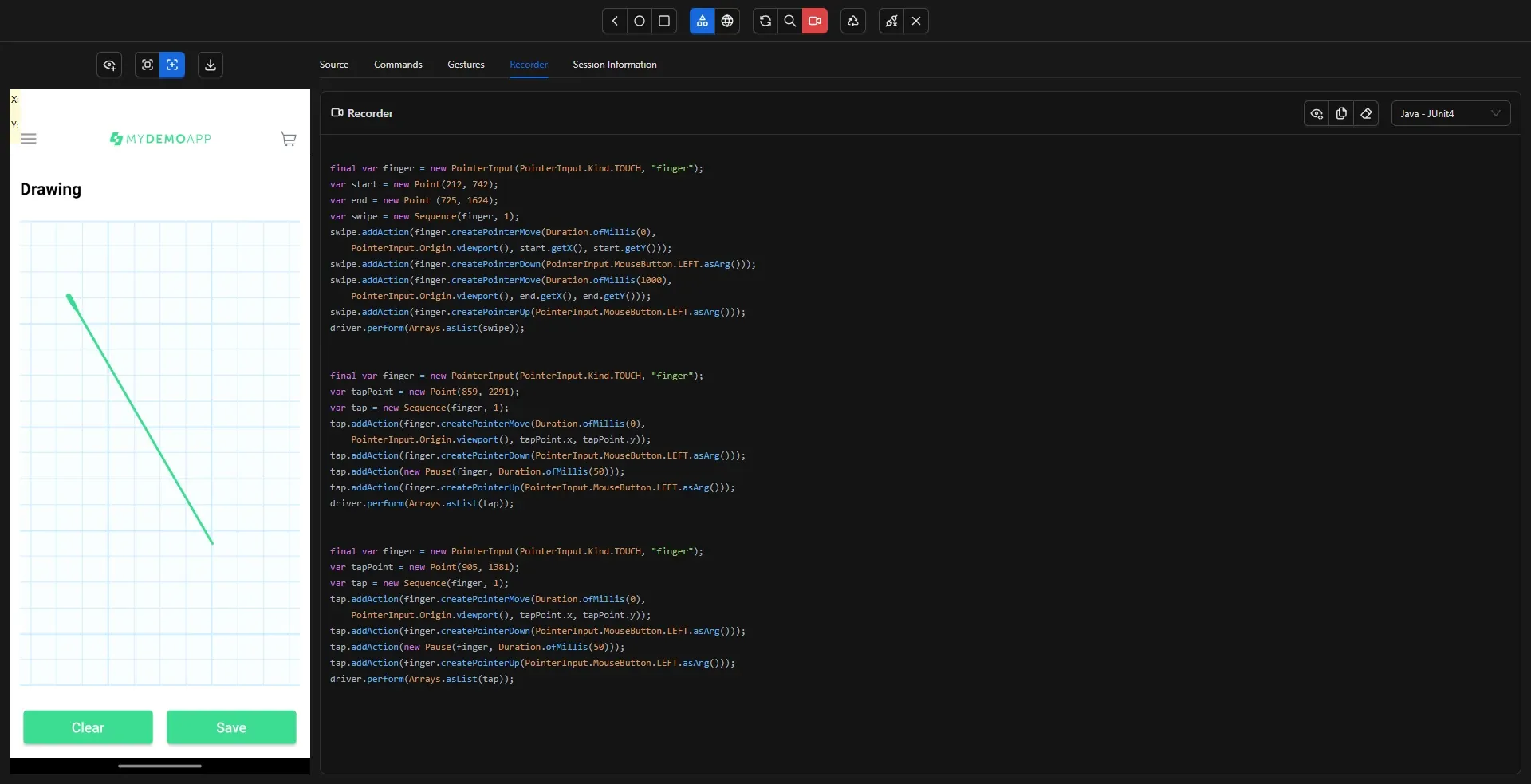 Recorder de Appium Inspector mostrando código Java generado con PointerInput y Sequence para swipe y taps