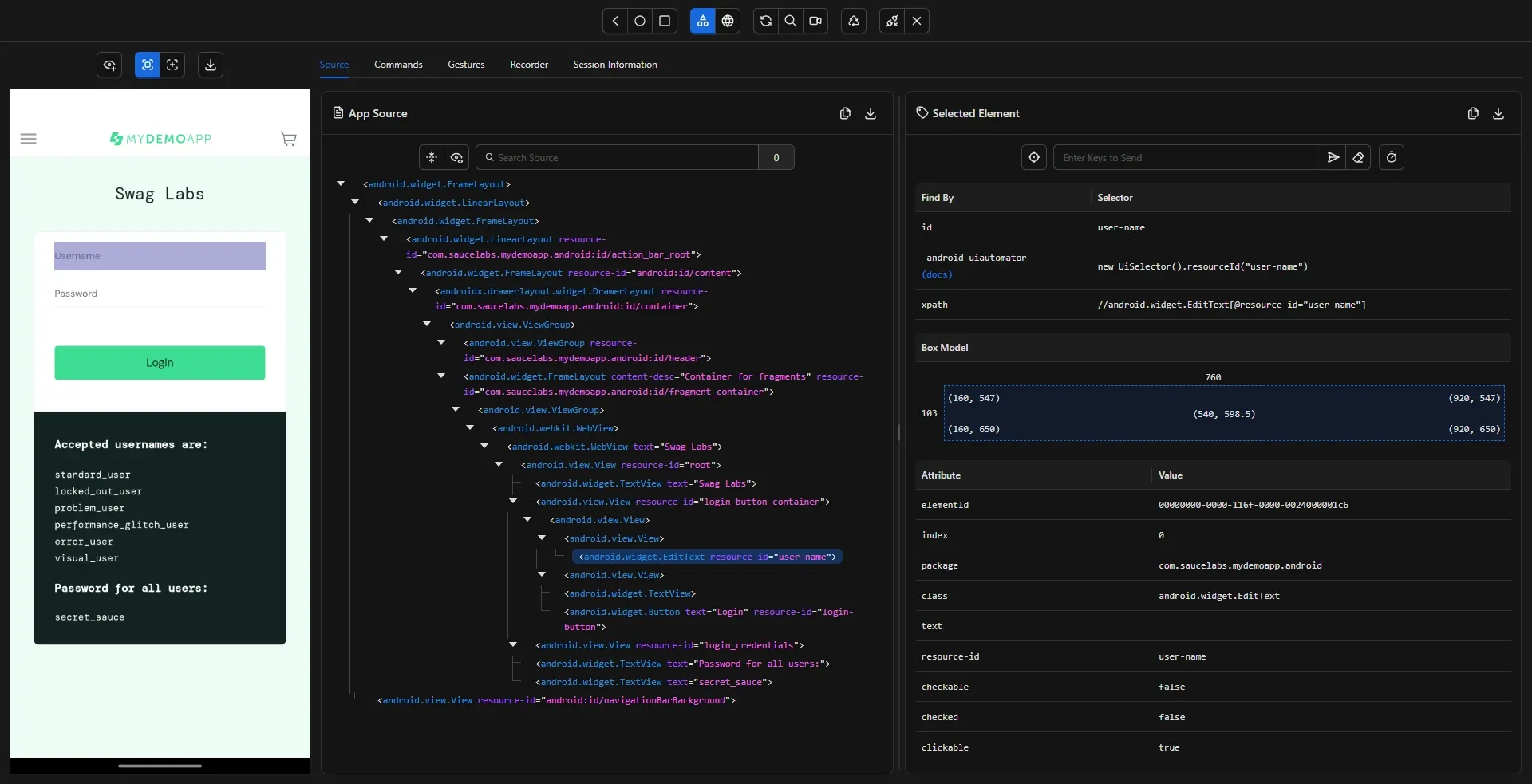 Árbol de Inspector en contexto NATIVE_APP mostrando android.webkit.WebView con hijos android.widget.EditText y android.widget.Button