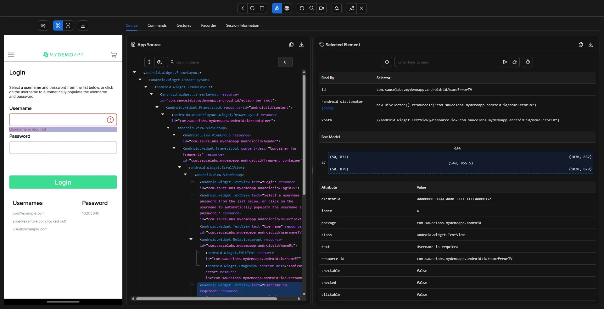 Appium Inspector mostrando mensaje Username is required con resource-id nameErrorTV en pantalla de login vacía