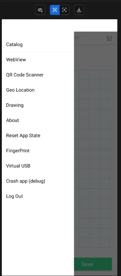 Menu lateral de My Demo App en Appium Inspector mostrando Catalog WebView QR Code Scanner Geo Location Drawing About y Log Out