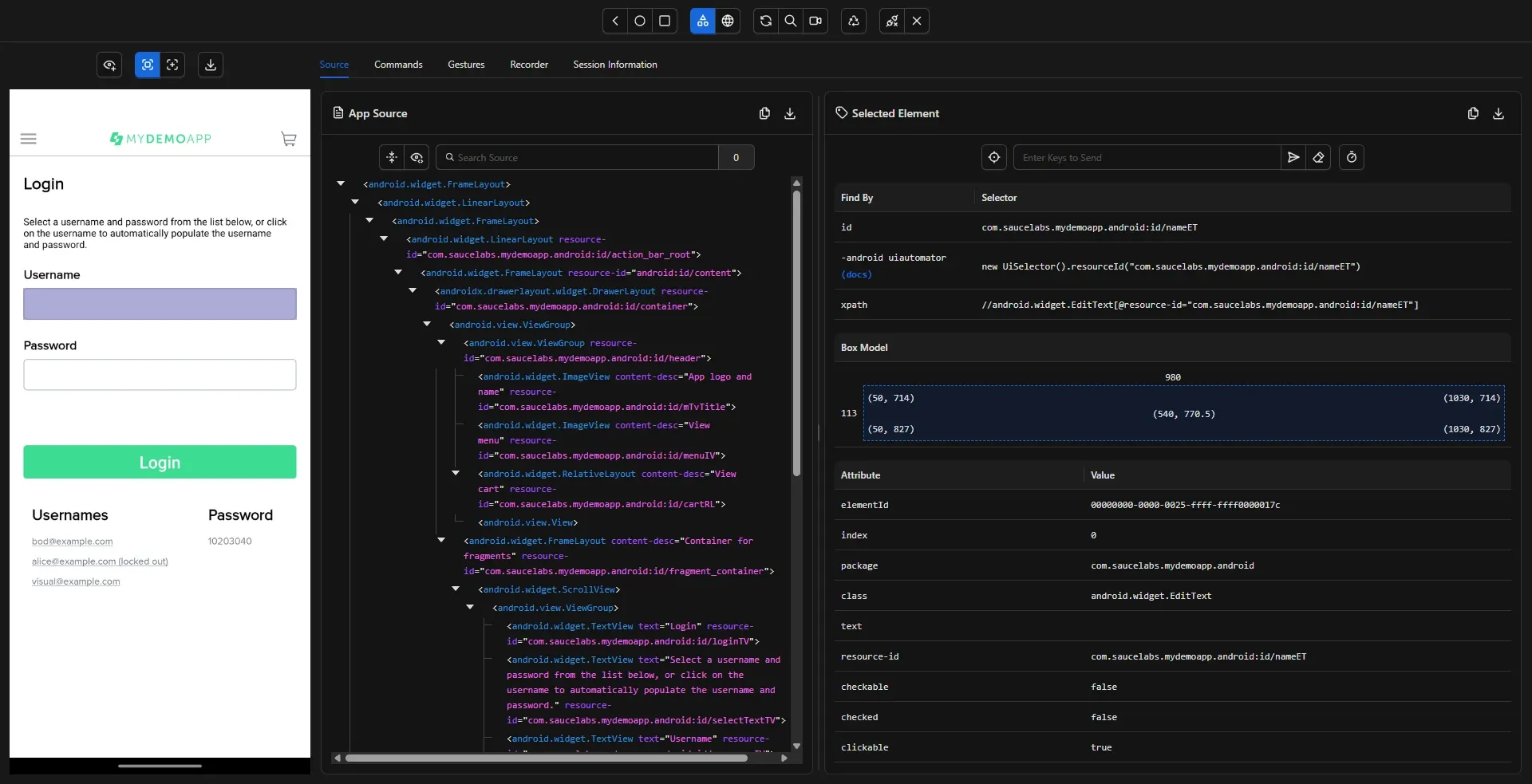 Appium Inspector en pantalla de Login con campo Username seleccionado mostrando resource-id nameET y class EditText