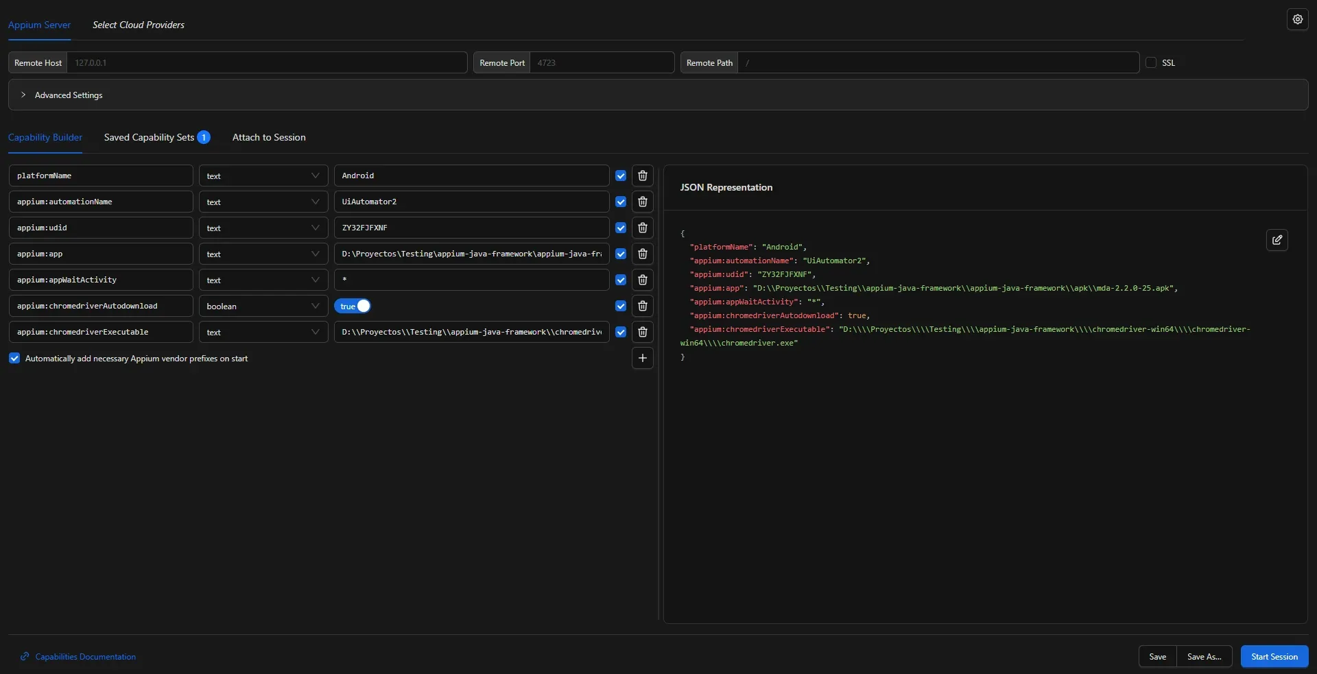 Appium Inspector Capability Builder con siete capabilities configuradas incluyendo chromedriverAutodownload true y chromedriverExecutable apuntando al ChromeDriver descargado