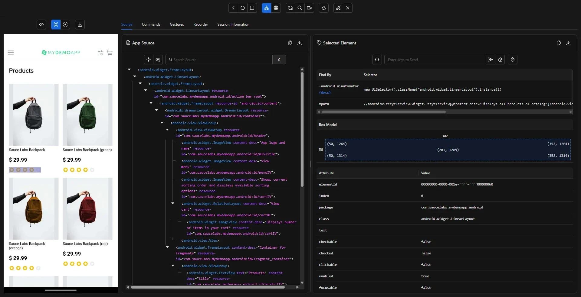 Appium Inspector con estrellas de rating seleccionadas mostrando LinearLayout sin accessibility id ni resource-id propio