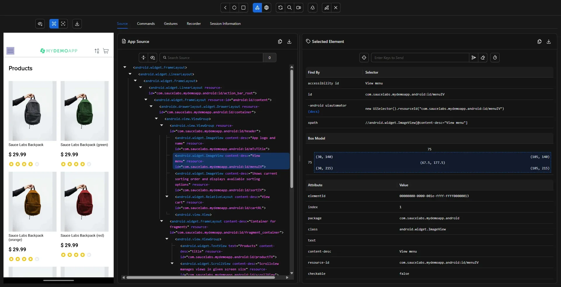 Appium Inspector con menú hamburguesa seleccionado mostrando accessibility id View menu y resource-id menuIV